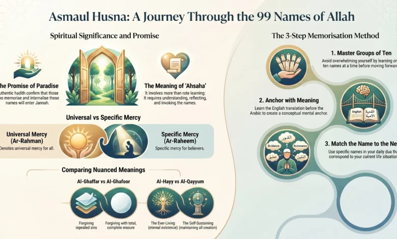 99 Names of Allah With Meaning shown on a calm screen with Islamic calligraphy and soft lighting