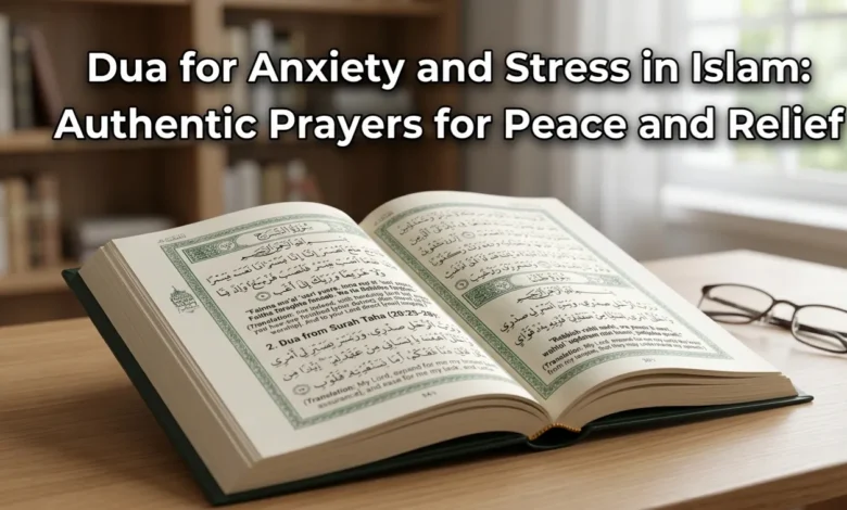 Dua for Anxiety and Stress in Islam on a calm gaming screen with soft Islamic background and soothing lighting