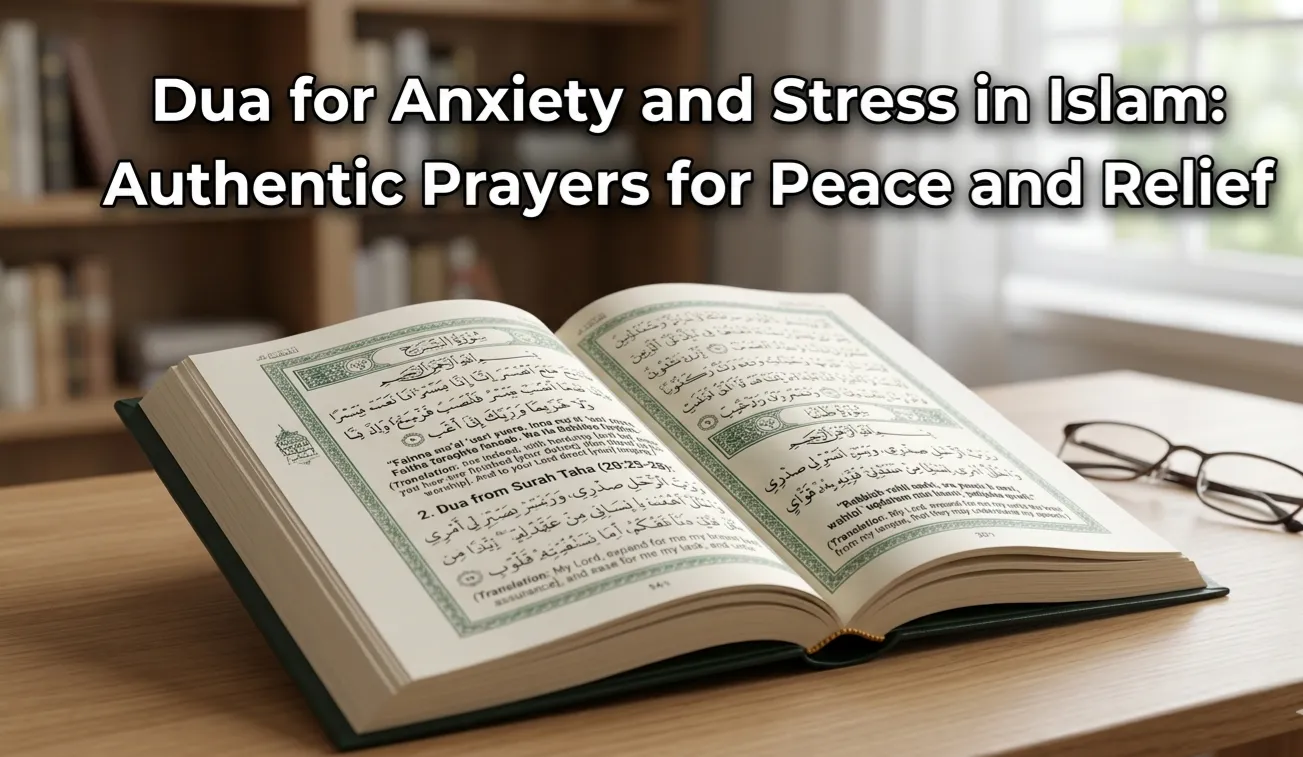 Dua for Anxiety and Stress in Islam on a calm gaming screen with soft Islamic background and soothing lighting