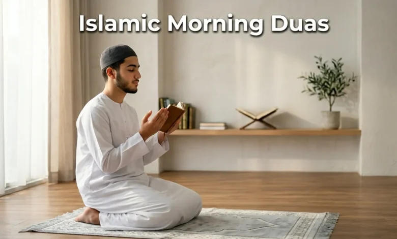 Islamic Morning Duas displayed on a clean digital screen with peaceful Islamic theme and soft morning lighting background